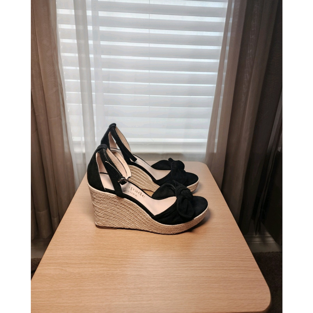 Kate Spade Tianna Suede LEATHER Bow Strap Espadrille Wedge Sandal 10 B BLACK - Picture 8 of 13